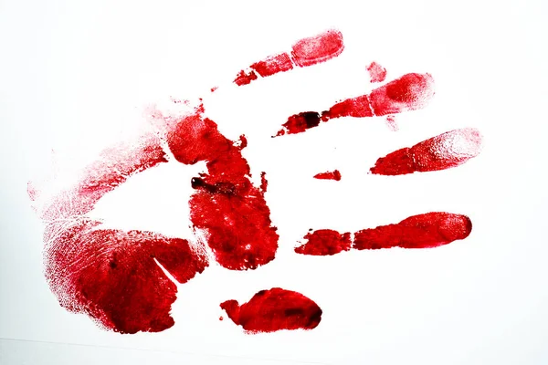 Červené Krvavé Otisky Prstů Otisk Dlaně Bílém Pozadí Koncept Hororu — Stock fotografie