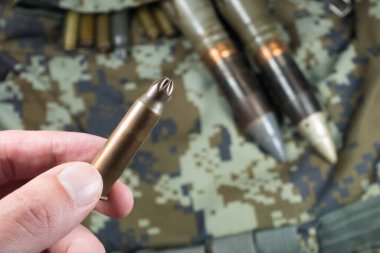 Asker, haki rengi kamuflaj çantasındaki mermileri, mermileri ve mermileri tutar. Kira sözleşmesi konsepti. Ordu konsepti. Silah ve mühimmat satışı. Askeri sanayi, savaş, küresel silah ticareti.