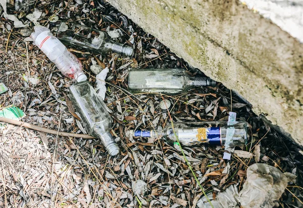 Litter in the nature. Plastic and glass bottles. Pollution of the environment. Ecological disaster.