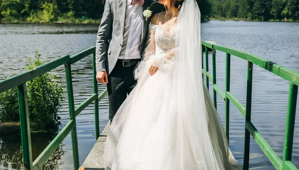 Braut Und Bräutigam Gehen Auf Der Brücke Hochzeitstag Foto Der — Stockfoto