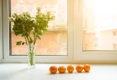 Roses with tangerines on window sill. Healthy and beautiful lifestyle. Cosy home ideas.