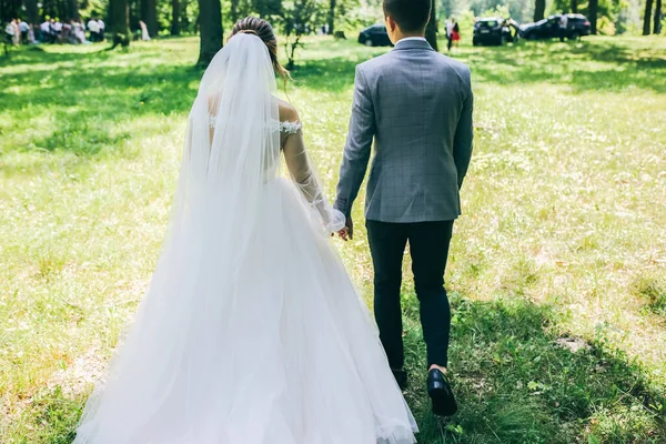 Menyasszony Vőlegény Fogják Egymás Kezét Parkban Boldog Pár Együtt Sétál — Stock Fotó