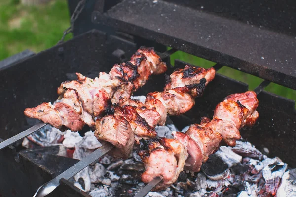 Smažené Vepřové Grilu Shish Kebab Letní Párty Shashlik Dřevěných Panelech — Stock fotografie