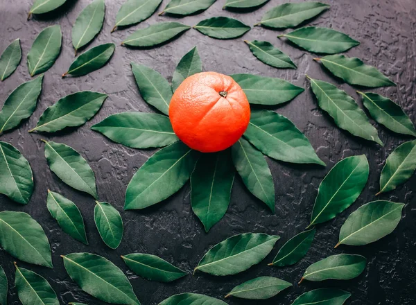 Оранжевый Зелеными Листьями Черном Фоне Фото Здорового Образа Жизни Красивые — стоковое фото
