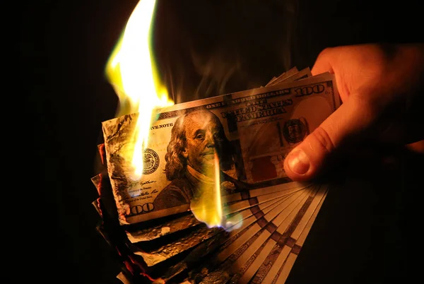 Man Burning Money Dollars Photo Greedy Corruption Concept Bribe Idea — Stock Photo, Image