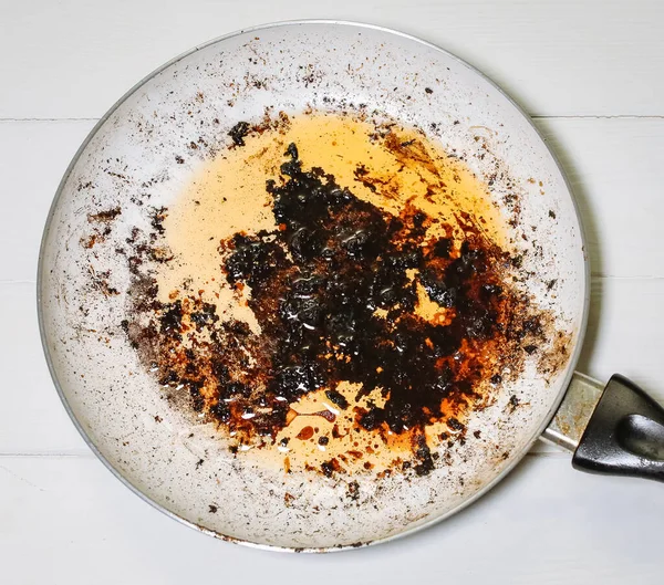 Burnt Pan Oil Unhealthy Food Damaged Kitchenware — Stock Photo, Image