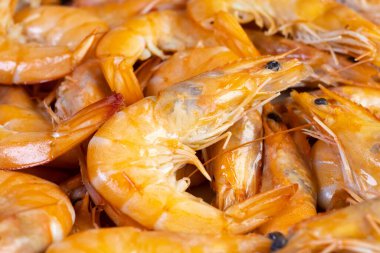 Tabakta lezzetli karidesler. Taze karidesler, sağlıklı deniz ürünleri, yakın plan fotoğraf..