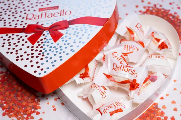 stock image LVIV, UKRAINE - February 14, 2024: Raffaello sweets in heart form. Perfect romantic present.