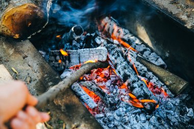 Ateş odundan yanıyor. Gerçek alev. Barbekü için bir yer. Ekolojik doğal yakıt. Siyah kömür.