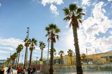 BARCELONA, İspanya - 15 Ekim 2018: insanlar Barcelona plajı boyunca yürüyorlar. İspanyol güneşli günü. Palmiye ağaçları.