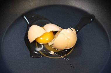 Tavada kabuğu kırılmış yumurta. Kapat, başarısız aşçılık..