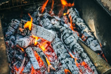 Ateş odundan yanıyor. Gerçek alev. Barbekü için bir yer. Ekolojik doğal yakıt. Siyah kömür.