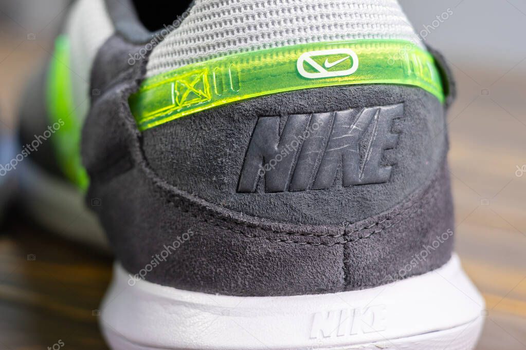 KYIV, UKRAINE - June 25, 2025 : Nike Streetgato IC. Men's soccer football shoes. Trainers, close up Nike logo brand name.