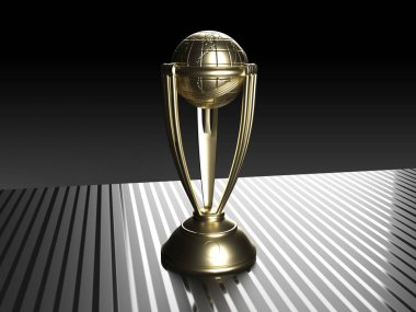 Kriket Dünya Kupası kupasının galibiyetini top ile kutluyoruz. 3d resimleme.