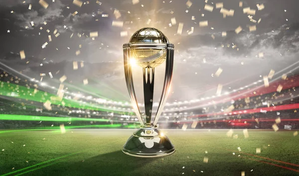 板球世界杯庆祝以球赢得奖杯 3D渲染说明 — 图库照片