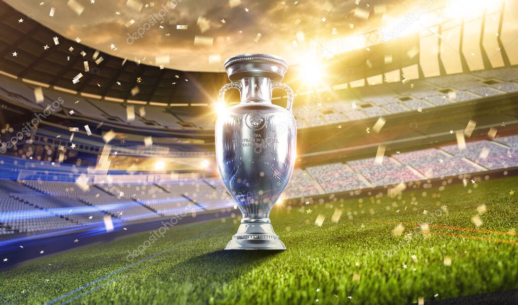 Copa Uefa euro 2024 celebración trofeo ganador con estadio. Ilustración
