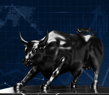 Borsa boğa piyasası. Yatırım platformunun mavi arka planında yükselen trend çizelgeleri. 3d resimleme
