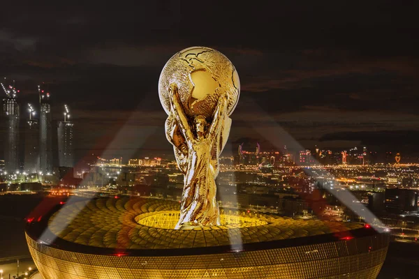 Fifa 2022 Firande Vinnande Trofé Med Lusail Stadium Återgivning Illustration — Stockfoto