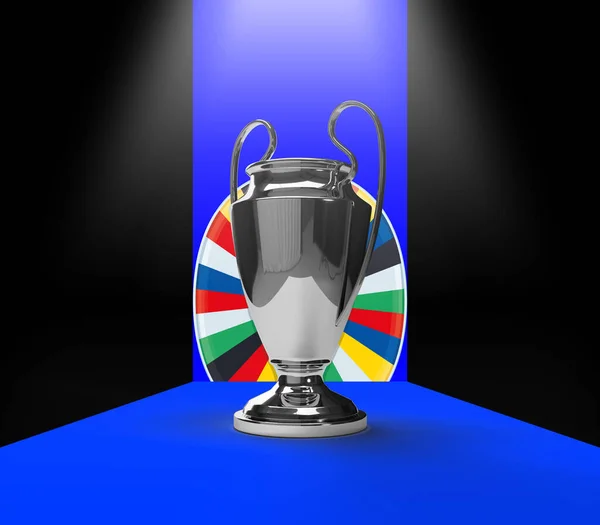 Uefa Eurocup 2024庆祝赢得足球赛场奖杯 3D渲染说明 — 图库照片