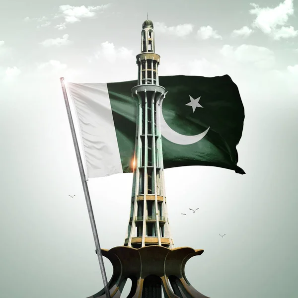 Pakisztán Zászlóval Lahore Pakisztán Mérföldköve — Stock Fotó