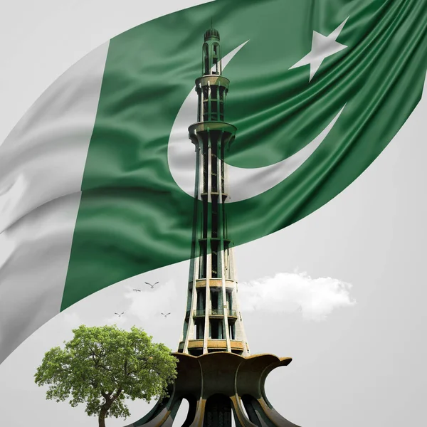 Pakisztán Zászlóval Lahore Pakisztán Mérföldköve — Stock Fotó