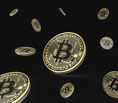 Düşen Bitcoin siyah arkaplanda izole edilmiş, seçici odaklı 3D resimleme.