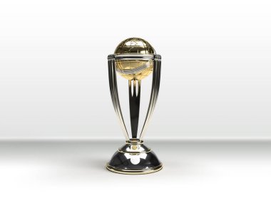  Kriket Dünya Kupası kupasının galibiyetini top ile kutluyoruz. 3d resimleme.