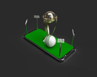 Mobil kavramı izole edilmiş kriket topu kupası. 3d resimleme.
