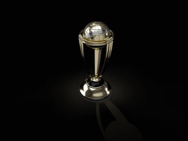 Kriket Dünya Kupası kupasının galibiyetini top ile kutluyoruz. 3d resimleme.
