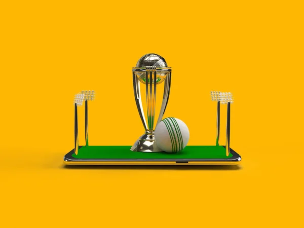 stock image Cricket ball trophy with mobile concept isolated background. 3d rendering illustration.