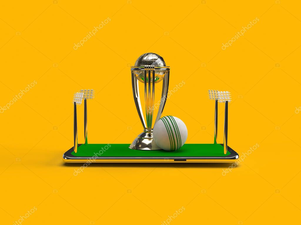 Cricket ball trophy with mobile concept isolated background. 3d rendering illustration.