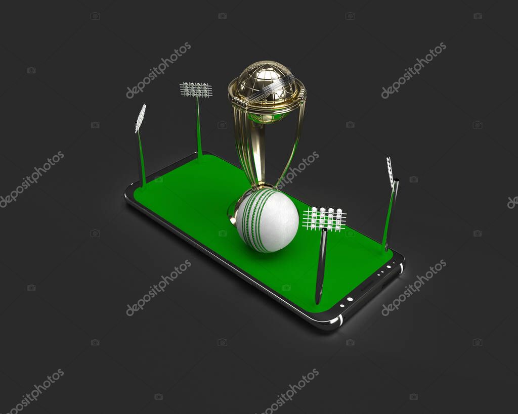 Cricket ball trophy with mobile concept isolated background. 3d rendering illustration.