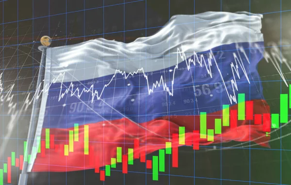 Stock exchange market business concept with selective focus effect. Display of Stock market quotes. Red numbers Downtrend line graph with Russian flag.