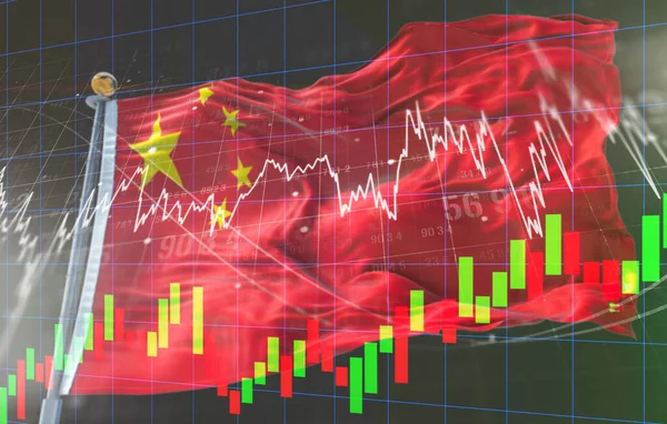 Double exposure of China flag on coins stacking and stock market graph chart .It is symbol of china high growth economy and technology.
