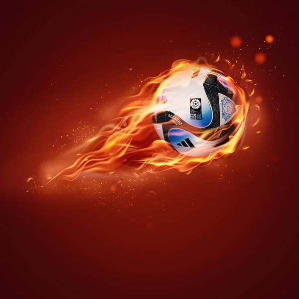 カラチ パキスタン 3月30日 炎の中を飛ぶ白いサッカーボールにファイブ女子ワールドカップのロゴ 3Dレンダリング図 — ストック写真