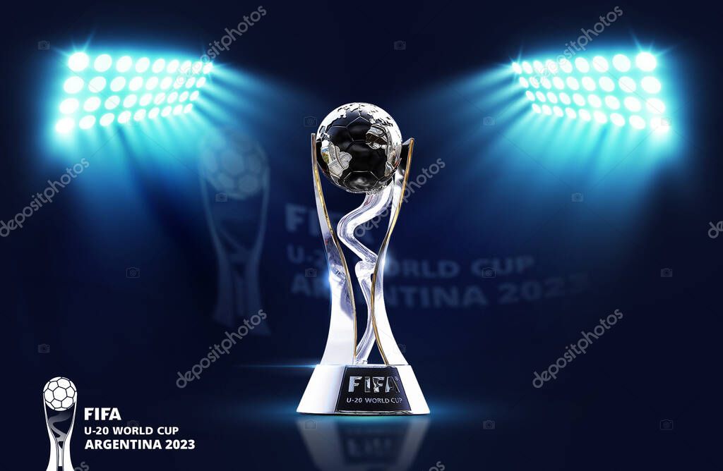 FIFA U-20 World Cup Argentina 2023 stadium with trophy 3d rendering illustration.