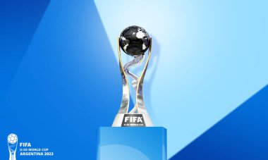 Karachi, Pakistan - 09 Mart: FIFA U-20 Dünya Kupası Arjantin 2023 stadyumu 3D kupa resimli.