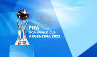 Karachi, Pakistan - 09 Mart: FIFA U-20 Dünya Kupası Arjantin 2023 stadyumu 3D kupa resimli.