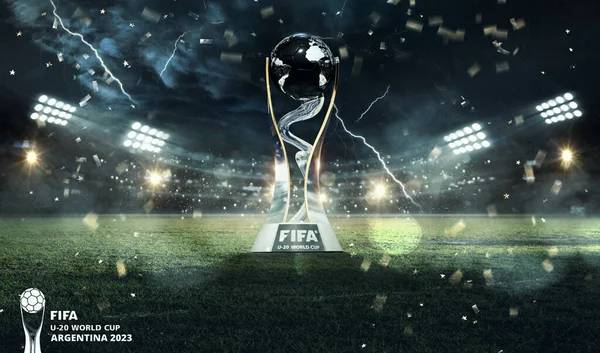 Fifa 20ワールドカップアルゼンチン2023スタジアムトロフィー3Dレンダリングイラスト付き — ストック写真