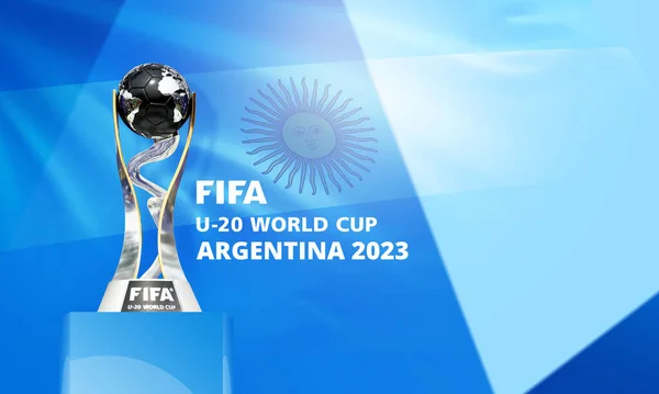 Karachi, Pakistan - 09 Mart: FIFA U-20 Dünya Kupası Arjantin 2023 stadyumu 3D kupa resimli.