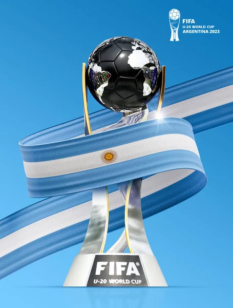 stock image FIFA U-20 World Cup Argentina 2023 flag ribbon with trophy 3d rendering illustration.