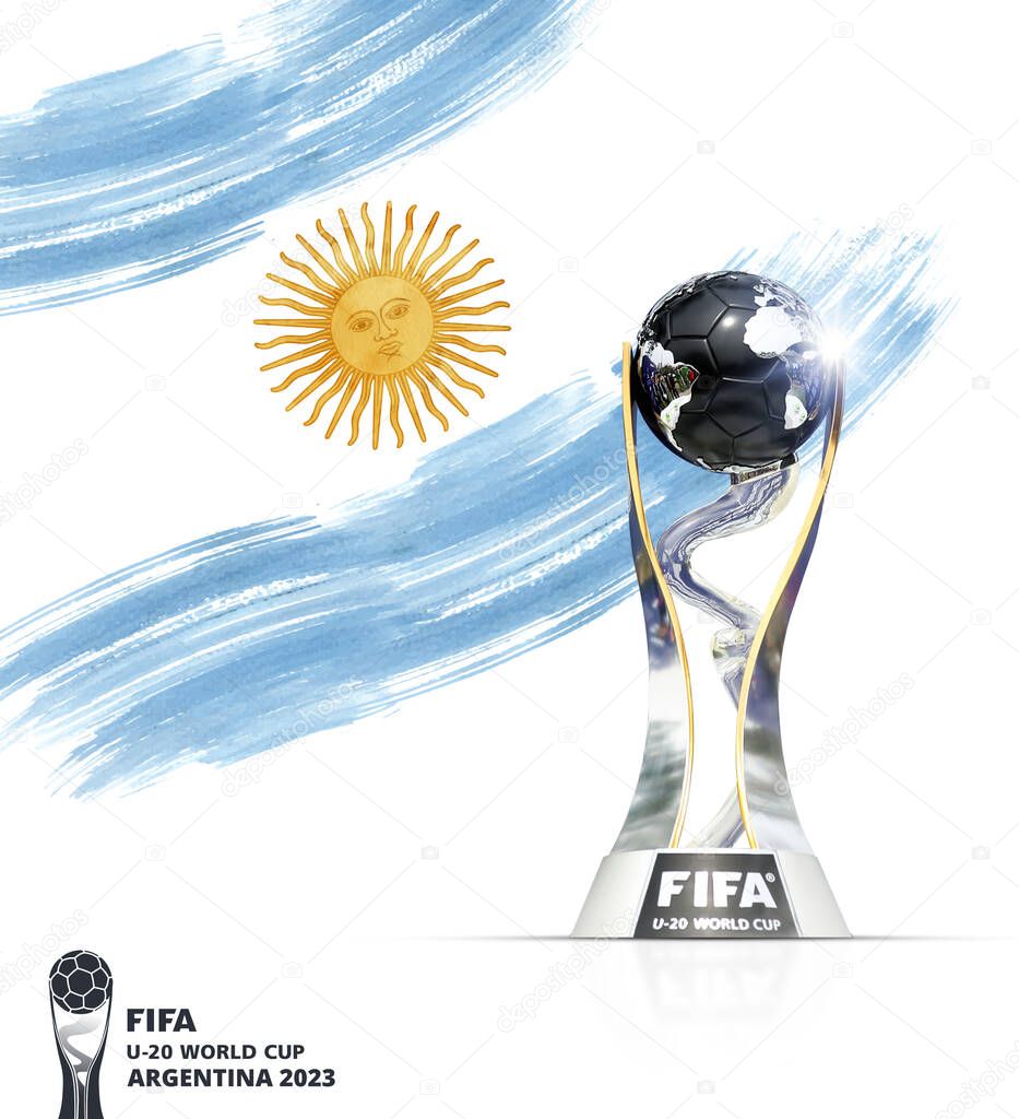 FIFA U-20 World Cup Argentina 2023 flag ribbon with trophy 3d rendering illustration.