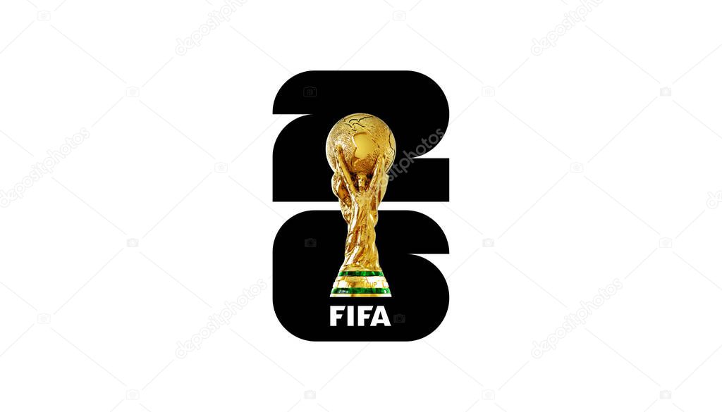 Karachi, Pakistan 17 may 2023 The 26 FIFA WORLD CUP logo with trophy in North America. Hosted by the United States, Canada and Mexico white background.3d rendering illustration