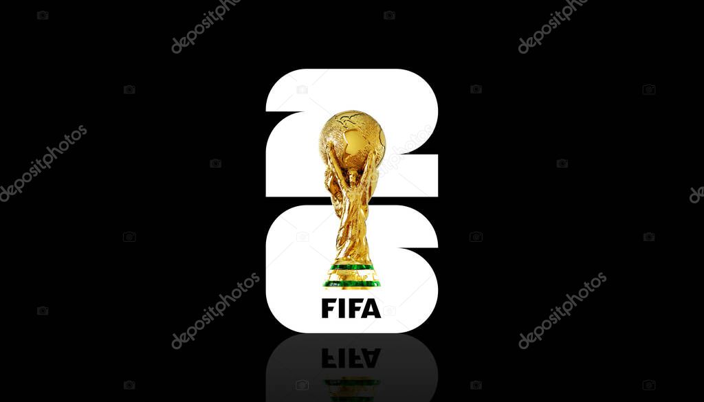 Karachi, Pakistan 17 may 2023 The 26 FIFA WORLD CUP logo with trophy in North America. Hosted by the United States, Canada and Mexico white background.3d rendering illustration