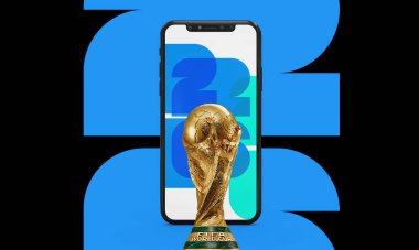 26 FIFA DÜNYA CUP logo kupası ve Kuzey Amerika 'da cep telefonu. Ev sahibi Birleşik Devletler, Kanada ve Meksika. 3d resimleme