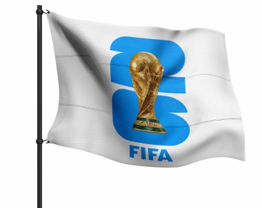26 FIFA DÜNYA CUP logo kupası ve Kuzey Amerika 'da cep telefonu. Ev sahibi Birleşik Devletler, Kanada ve Meksika. 3d resimleme
