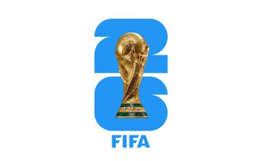 26 FIFA DÜNYA CUP logo kupası ve Kuzey Amerika 'da cep telefonu. Ev sahibi Birleşik Devletler, Kanada ve Meksika. 3d resimleme