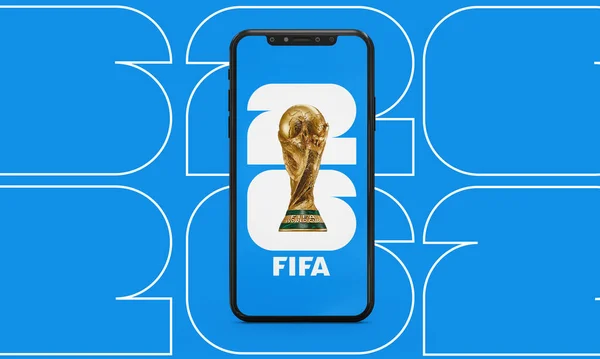26 FIFA DÜNYA CUP logo kupası ve Kuzey Amerika 'da cep telefonu. Ev sahibi Birleşik Devletler, Kanada ve Meksika. 3d resimleme