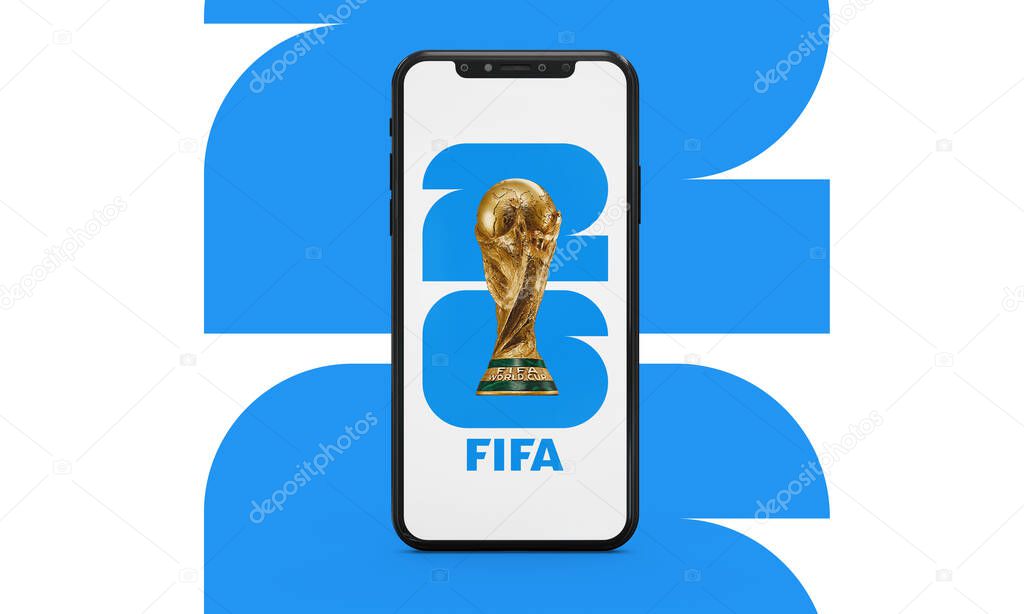 The 26 FIFA WORLD CUP logo trophy with mobile in North America. Hosted by the United States, Canada and Mexico. 3d rendering illustration