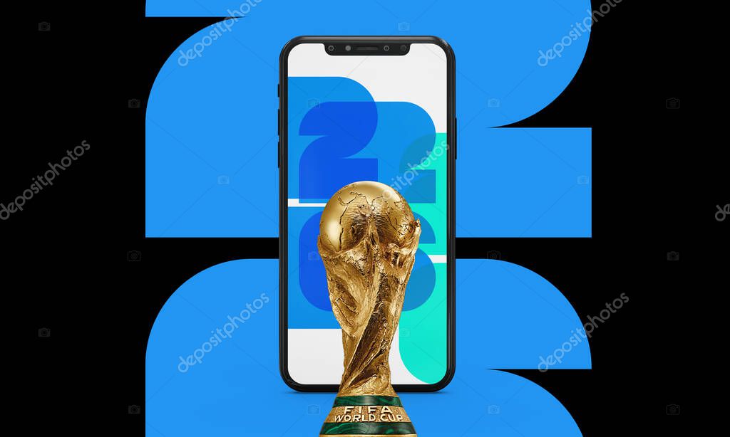 The 26 FIFA WORLD CUP logo trophy with mobile in North America. Hosted by the United States, Canada and Mexico. 3d rendering illustration